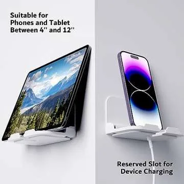 pzoz Wall Mount Cell Phone Holder for Outlet, Foldable Cellphone Stand for Mirror Bathroom Shelf Shower Bedroom Kitchen or Dorm Charging, Compatible with iPhone iPad or Tablet (White)