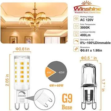 winshine 10 Pack Dimmable G9 LED Light Bulb 3000K Warm White, 4W G9 Base Chandelier Light Bulb Soft White, T4 40Watt Halogen Replacement G9 Bi Pin Base, CRI85 120V 360° Beam Angle