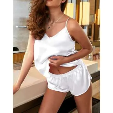 Ekouaer Silk Pjs for Women Satin Pajamas Set Lingerie Camisole Pajamas Cami Shorts Set Nightwear White
