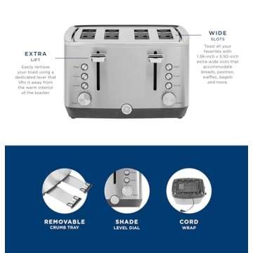 GE Stainless Steel 4-Slice Toaster with Wide Slots & 7 Shades