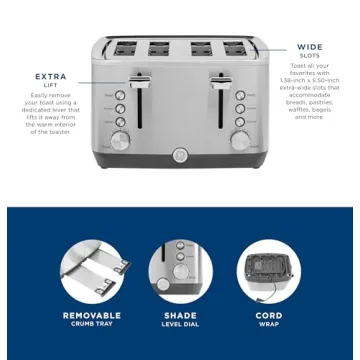 GE Stainless Steel 4-Slice Toaster with Wide Slots & 7 Shades