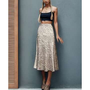 Soowalaoo Womens Skirt Midi Long Length Silk Satin High Waisted Elastic Casual Trendy Summer Skirts Leopard Light XL