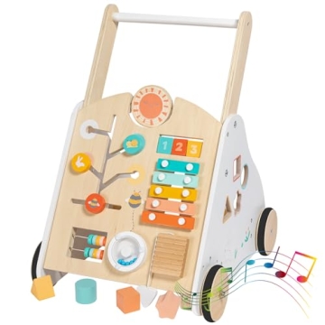Twefex Wooden Baby Walker - Baby Push Walker with Music Box - Toddler Walker Push Toy with Adjustabl...