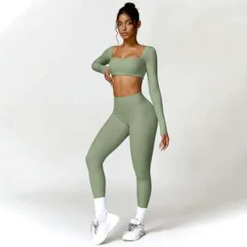ABOCIW Workout Sets for Women 2 Piece Long Sleeve Square Neck Crop Top Scrunch Butt Lifting High Waist Leggings Gym Sets Z-Green Large