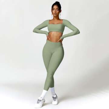 ABOCIW Workout Sets for Women 2 Piece Long Sleeve Square Neck Crop Top Scrunch Butt Lifting High Waist Leggings Gym Sets Z-Green Large