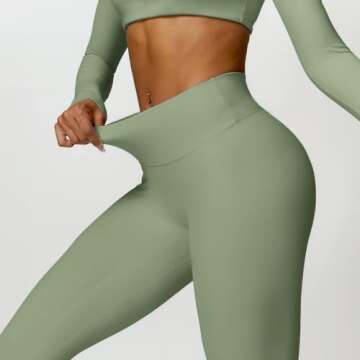 ABOCIW Workout Sets for Women 2 Piece Long Sleeve Square Neck Crop Top Scrunch Butt Lifting High Waist Leggings Gym Sets Z-Green Large