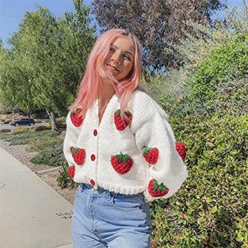 KMBANGI Women V Neck Cable Knit Crop Cardigan with Strawberry Embroidery