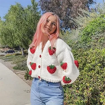 KMBANGI Women V Neck Cable Knit Crop Cardigan with Strawberry Embroidery