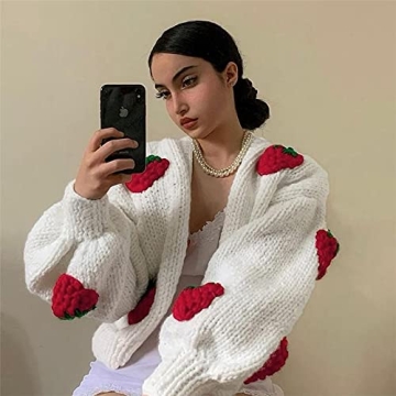 KMBANGI Women V Neck Cable Knit Crop Cardigan with Strawberry Embroidery