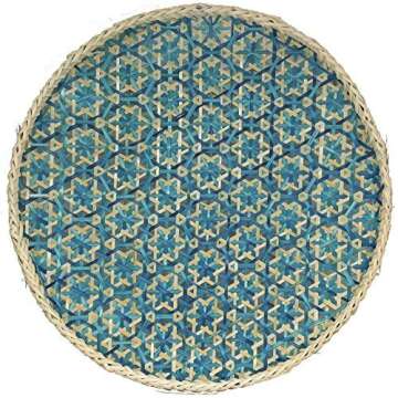 Ann Lee Design Round Decorative Serving Trays - 13.78 x 13.78 x 1.5 Inches (Floral Teal Blue)