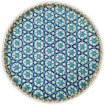 Ann Lee Design Round Decorative Serving Trays - 13.78 x 13.78 x 1.5 Inches (Floral Teal Blue)