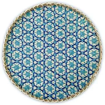 Ann Lee Design Round Decorative Serving Trays - 13.78 x 13.78 x 1.5 Inches (Floral Teal Blue)