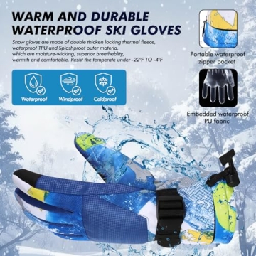 Odtmger Ski Gloves, Winter Gloves,Winter Waterproof Ski Gloves, Warm and Breathable Snow Gloves, Suitable for Outdoor Sports of Boys and Girls in Cold Winter