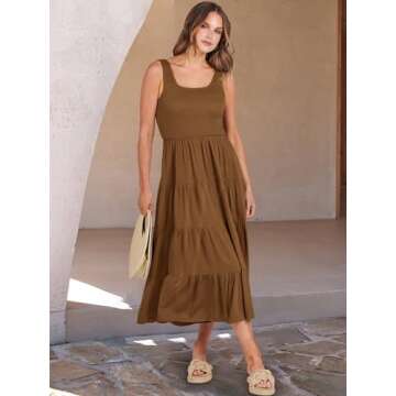 ANRABESS Women's Summer Casual Sleeveless Dress Smocked Tiered Swing A Line Boho Beach Midi Tank Dresses with Pockets Brown Small