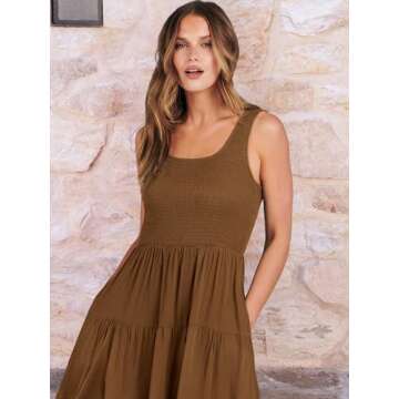 ANRABESS Women's Summer Casual Sleeveless Dress Smocked Tiered Swing A Line Boho Beach Midi Tank Dresses with Pockets Brown Small