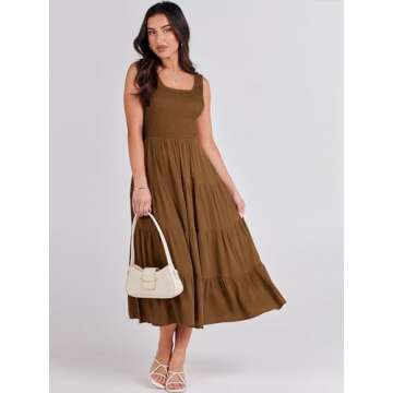 ANRABESS Women's Summer Casual Sleeveless Dress Smocked Tiered Swing A Line Boho Beach Midi Tank Dresses with Pockets Brown Small