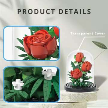 WULOBOOI Red Rose Flowers Micro Bricks Building Set with Dust Cover,Artificial Flowers Botanical Col...