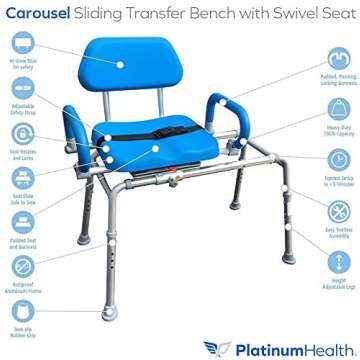 Platinum Health Carousel Sliding Shower Chair Tub Transfer Bench with Swivel Seat, Premium Padded, P...
