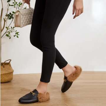 Vertundy Women's Mules Low Heel Flats Leather Slip On Backless Sandals for Girls Lady Work Slides Black Fur 7.5