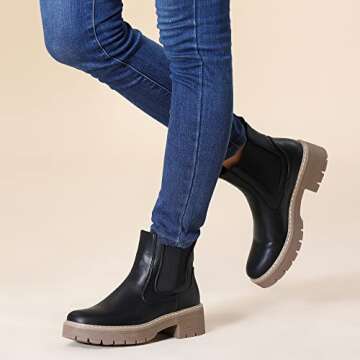 Hawkwell Women's Slip On Chunky Heel Ankle Chelsea Boot,Black PU,5 M US