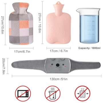 Hot Water Bag, Hot Water Bottle wtih Cover, 1L Rubber Warm Hot Water Bottles Pouch with 130cm Long S...