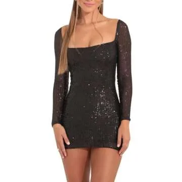 Women Sparkle Sequins Mini Dress Sexy Tie Back Bodycon Dress Long Sleeve Shiny Evening Dresses Night Out Party Outfits Black