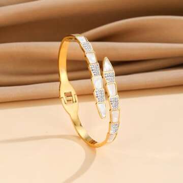 ZincSun Snake Design Cuff Bracelet Mother of Pearl Gemstone CZ Inlay Bangle for Women (Gold)
