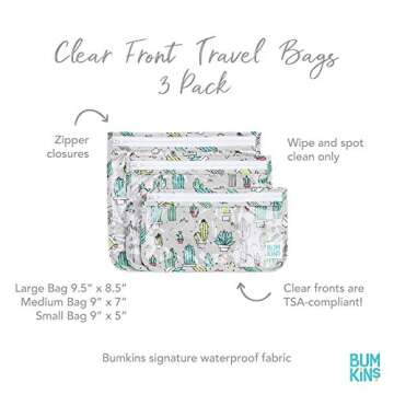 Bumkins Travel Bag, Toiletry, TSA Approved Pouch, Zip Bag, Quart Size Airline Compliant, Clear-Sided, Baby, Diaper Bag Organization, Makeup, Accessories, Packing, Set of 3 Sizes, Cactus Green