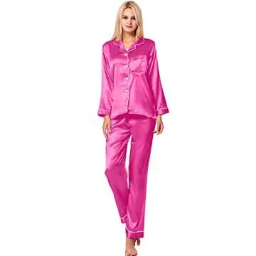 SWOMOG Womens Silk Satin Pajamas Long Sleeve Loungewear Two-Piece Sleepwear Button-Down Pj Set Rose Red