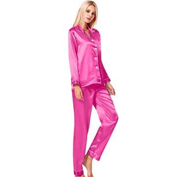 SWOMOG Womens Silk Satin Pajamas Long Sleeve Loungewear Two-Piece Sleepwear Button-Down Pj Set Rose Red