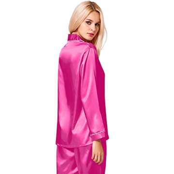 SWOMOG Womens Silk Satin Pajamas Long Sleeve Loungewear Two-Piece Sleepwear Button-Down Pj Set Rose Red
