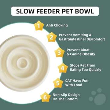 Havniva Ceramic Slow Cat Feeder Bowl for Cat, Slow Cat Food Bowl, Pet Slowe Feeder Bowl, Circle Shape. (Bowl x 2 - Cream, 6inch)