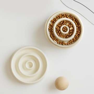 Havniva Ceramic Slow Cat Feeder Bowl for Cat, Slow Cat Food Bowl, Pet Slowe Feeder Bowl, Circle Shape. (Bowl x 2 - Cream, 6inch)