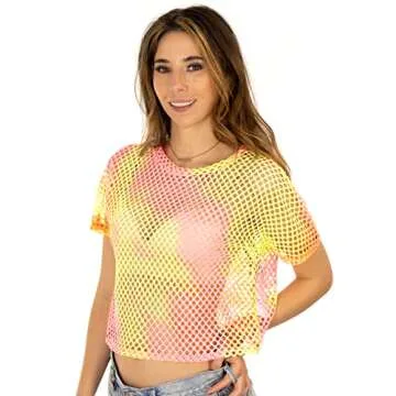 Sheer Mesh Fishnet Festival Crop Top - Pink Yellow Tie Dye