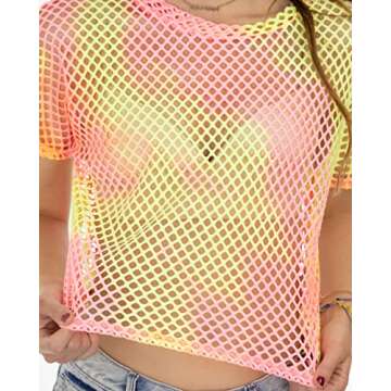 Sheer Mesh Fishnet Festival Crop Top - Pink Yellow Tie Dye