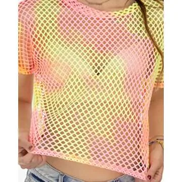 Sheer Mesh Fishnet Festival Crop Top - Pink Yellow Tie Dye