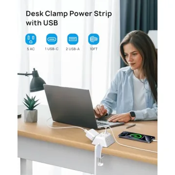 Desk Clamp Power Strip with 5 Outlets and USB Ports