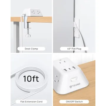 Desk Clamp Power Strip with 5 Outlets and USB Ports