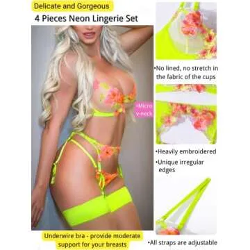 Kaei&Shi Garter Lingerie for Women,Underwire Floral Embroidered Sheer Lace Lingerie,G-String Matching Thigh Bands 4 Piece Sexy Lingerie Set Boudoir Fluorescent Green Large