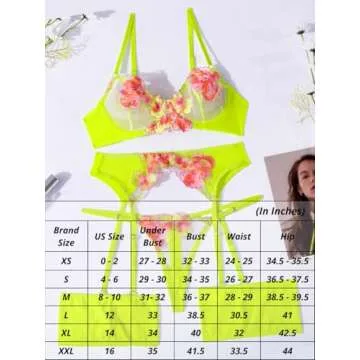 Kaei&Shi Garter Lingerie for Women,Underwire Floral Embroidered Sheer Lace Lingerie,G-String Matching Thigh Bands 4 Piece Sexy Lingerie Set Boudoir Fluorescent Green Large