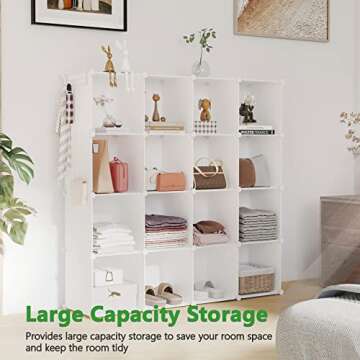C&AHOME Cube Storage Organizer, 16-Cube Shelves Units, Plastic Storage Cubes, DIY Closet Organizer, Modular Closet Storage Shelves Ideal for Home, Bedroom, 48.4" L × 12.4" W × 48.4" H Milky UPCS16M