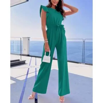 BTFBM Women Jumpsuits Crew Neck Ruffle Cap Sleeve Belted High Waist Wide Leg Romper with Pockets One Piece Casual Outfits(Solid Blue Green, Medium)