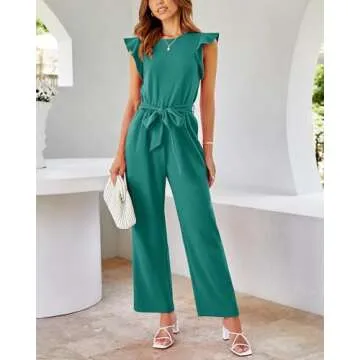 BTFBM Women Jumpsuits Crew Neck Ruffle Cap Sleeve Belted High Waist Wide Leg Romper with Pockets One Piece Casual Outfits(Solid Blue Green, Medium)