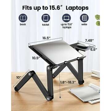 HUANUO Adjustable Lap Desk for up to 15.6" Laptops, Portable Ergonomic Table Stand with 2 CPU Fans, Detachable Mouse Pad, TV Bed Tray, Standing Desk
