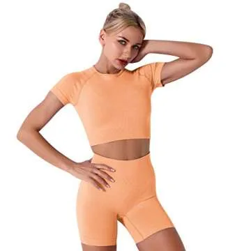 Women's Seamless Yoga Outfits 3 Pieces Workout Short Sleeve Crop Top + Camisole Tank Sports Bra + High Waisted Running Shorts Sets Biker Activewear Athletic Fitness Tracksuit Gym Clothes Orange Small