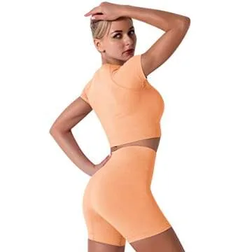 Women's Seamless Yoga Outfits 3 Pieces Workout Short Sleeve Crop Top + Camisole Tank Sports Bra + High Waisted Running Shorts Sets Biker Activewear Athletic Fitness Tracksuit Gym Clothes Orange Small