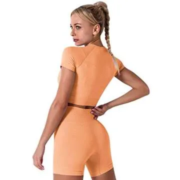 Women's Seamless Yoga Outfits 3 Pieces Workout Short Sleeve Crop Top + Camisole Tank Sports Bra + High Waisted Running Shorts Sets Biker Activewear Athletic Fitness Tracksuit Gym Clothes Orange Small