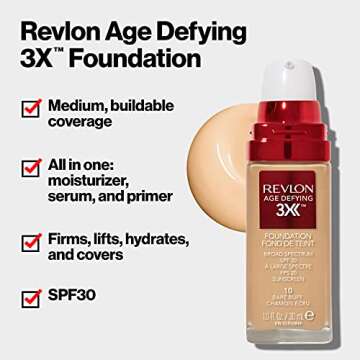 Revlon Liquid Foundation, Age Defying 3XFace Makeup, Anti-Aging and Firming Formula, SPF 30, Longwea...