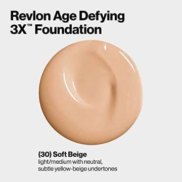 Revlon Liquid Foundation, Age Defying 3XFace Makeup, Anti-Aging and Firming Formula, SPF 30, Longwear Medium Buildable Coverage with Natural Finish, 030 Soft Beige, 1 Fl Oz