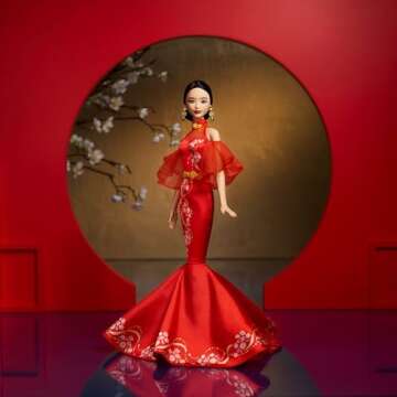 Barbie Lunar New Year Doll Wearing Qipao Dress with Plum Blossom Prints & Golden Accessories, Signat...